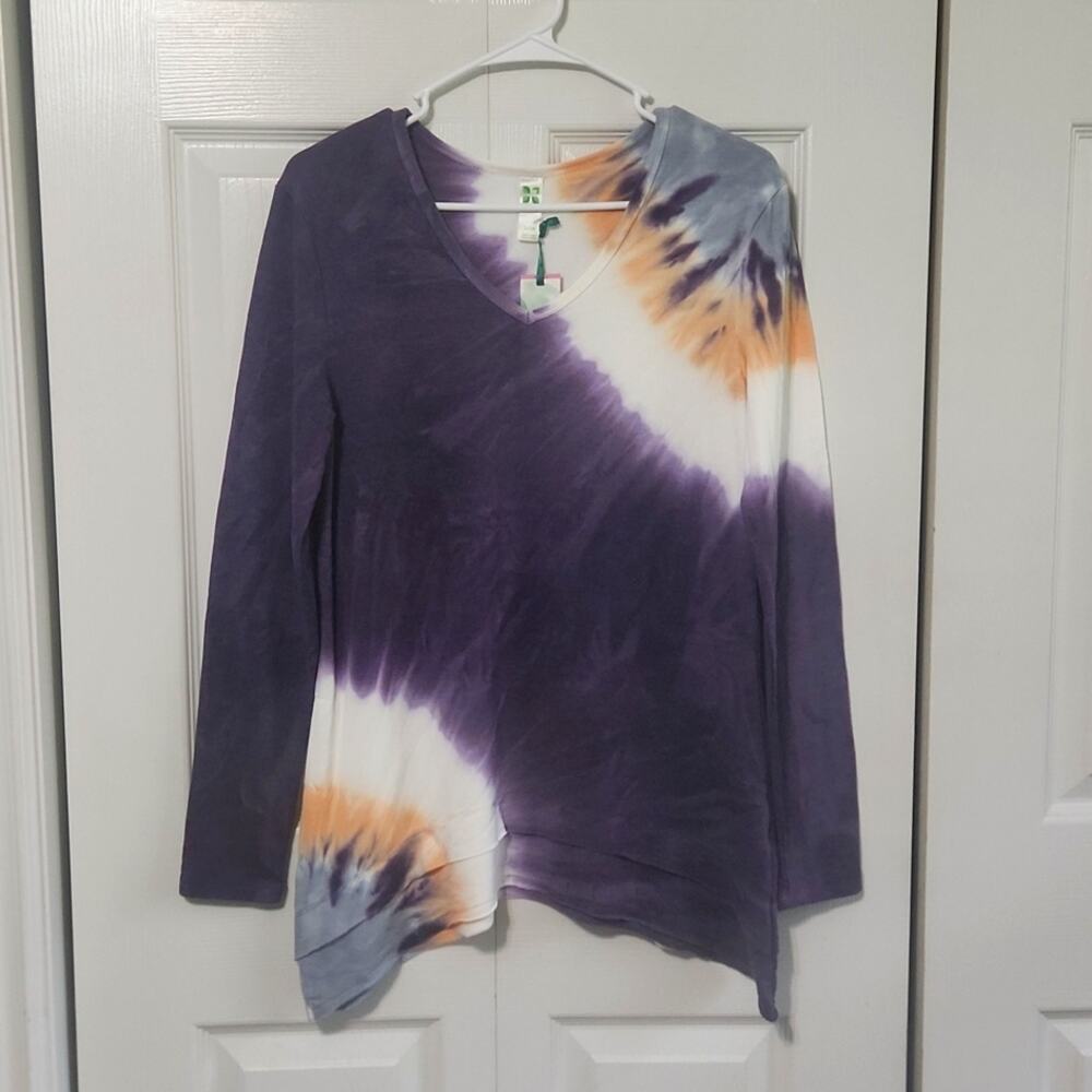 Green Tea Women's Long Sleeve Purple‎ Multi-colored Tie Dye V-neck Top SM Soft